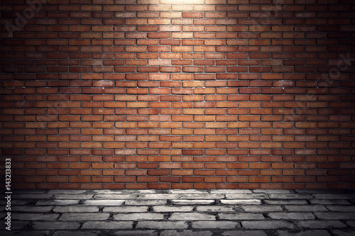 Empty old grungy room with red brick wall and paving stone floor. 3d rendering illustration