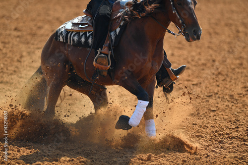 Fototapeta Naklejka Na Ścianę i Meble -  A side view of a rider sliding the horse in the dirt