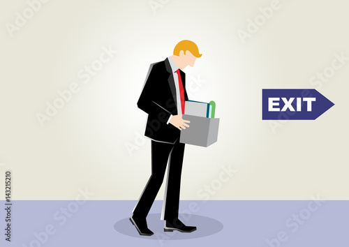 Simple business catroon illustration of a businessman walk sad because of unemployed or fired