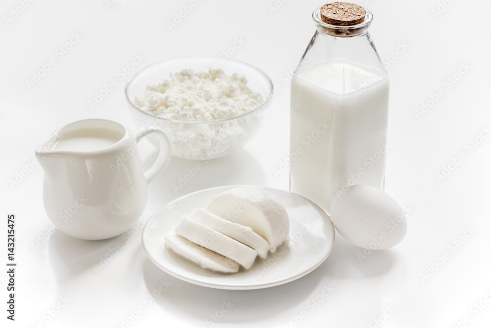 dairy products for proteic meal on white table background dairy products for proteic meal on white table background