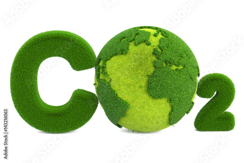 CO2 from grass inscription with globe, eco concept. 3D rendering photo