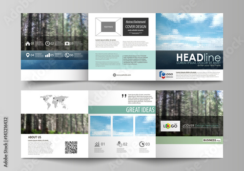 Templates for tri fold square design brochures. Leaflet cover, vector layout. Colorful background made of triangular or hexagonal texture, travel business, natural landscape, polygonal style.