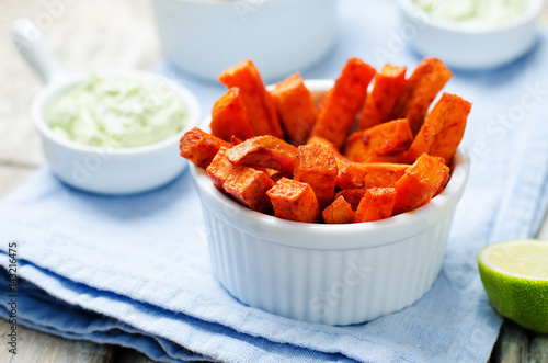 Baked Sweet Potato Fries with Avocado greek yogurt lime cilantro dip