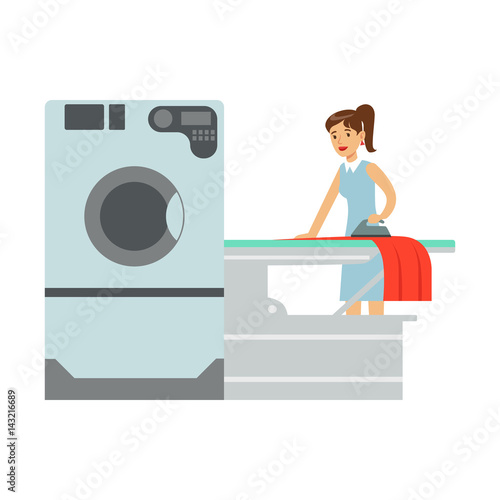 Woman Ironing Laundry, Part Of People Using Automatic Self-Service Laundromat Washing Machines Of Vector Illustrations