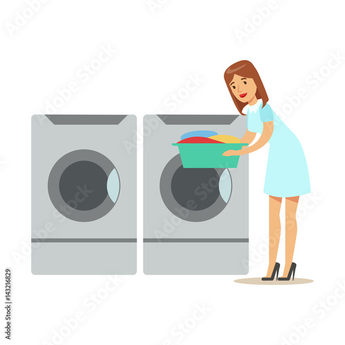 Woman Taking Out Clean Laundry, Part Of People Using Automatic Self-Service Laundromat Washing Machines Of Vector Illustrations