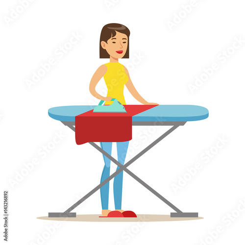 Girl Ironing Laundry After Washing, Part Of People Using Automatic Self-Service Laundromat Washing Machines Of Vector Illustrations