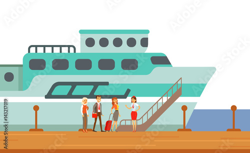 Passengers Boarding Touristic Liner Ship, Part Of People Taking Different Transport Types Series Of Cartoon Scenes With Happy Travelers