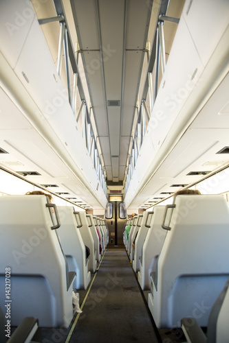 Rear view of double decker train car interior