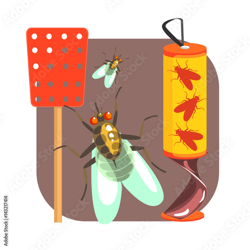 Foto Yellow sticky tape for flies and red fly swatter