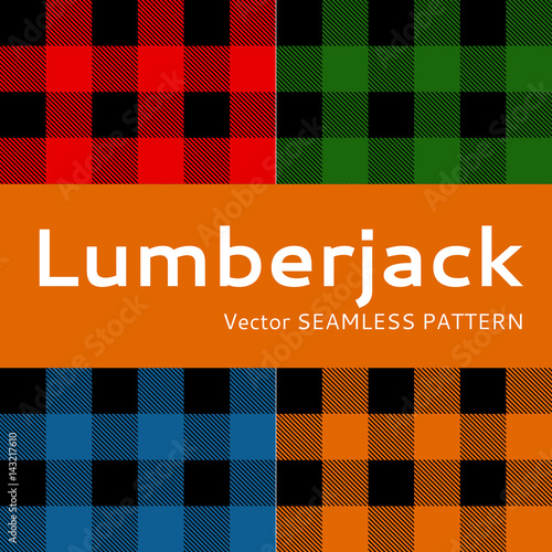 Lumberjack seamless pattern set. Retro casual check fabric pattern in black red blue orange