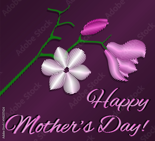 vector embroidery imitation magnolia flover greeting card for mothers day and spring. Pink blossom on a branch.