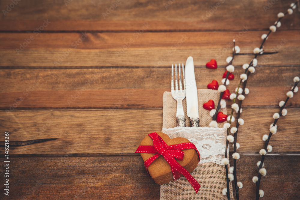 Romantic rustic table setting over wooden background Romantic rustic table setting over wooden background