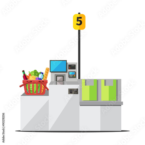 Vector red shopping basket full of grocery standing on a grey metal self checkout machine with cash and card payment, and bagging area