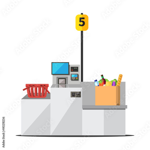 Vector big paper shopping bag full of grocery standing on a grey metal self checkout machine with cash and card payment, and bagging area. Empty red shopping bag is placed on the other side