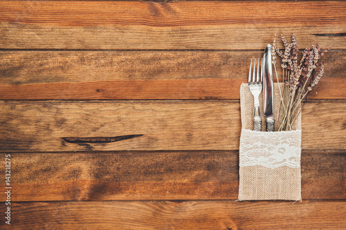 rustic table setting on wooden table with copy space 