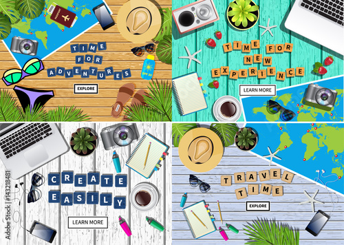 Set of 4 vector flat lay settings for travel and business banners, advertisment. Different objects on colorful wooden background. Copyspace in the center