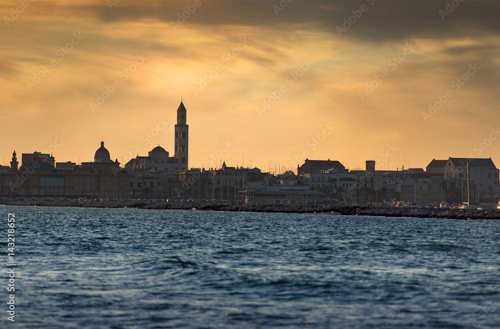 Bari, sunset over old town and Adriatic Sea, evening in Italy