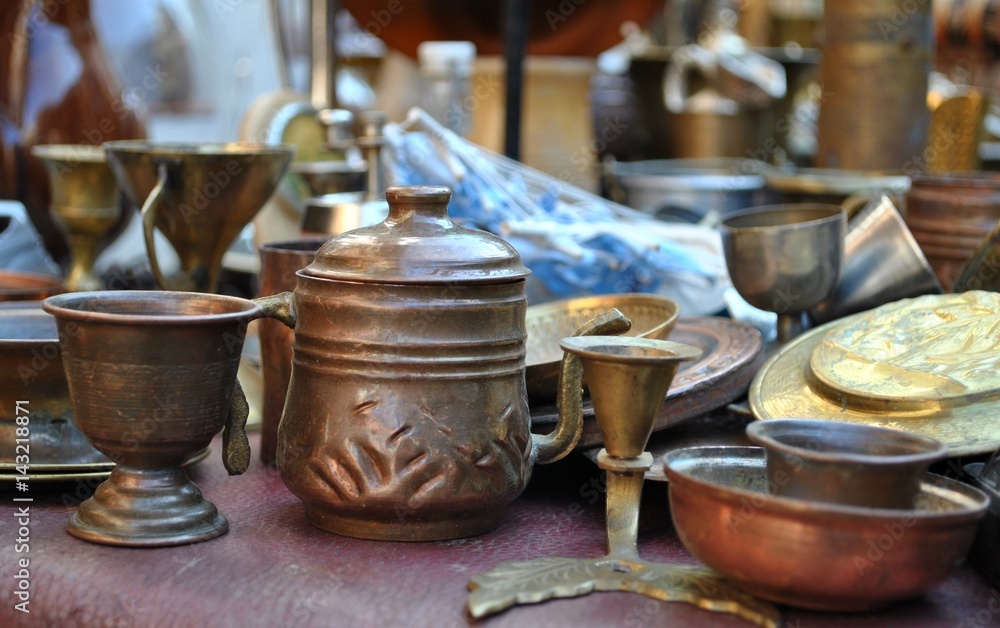 Antique objects displayed on flea market. Antique objects displayed on flea market.
