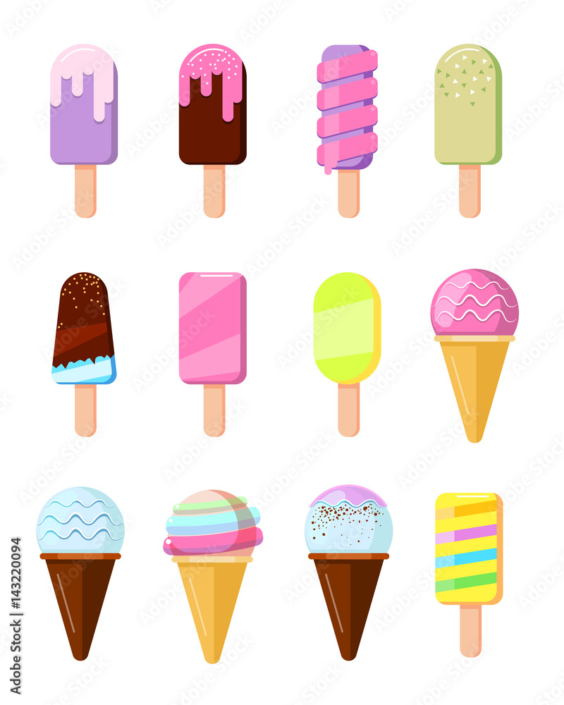 Cartoon ice cream in wafer cone set vector illustration Cartoon ice cream in wafer cone set vector illustration