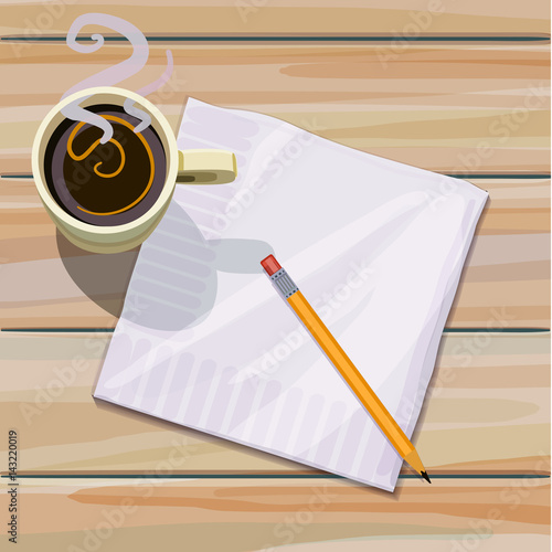 Cup of steaming coffee and a napkin and pencil sitting on a wood plank table.
