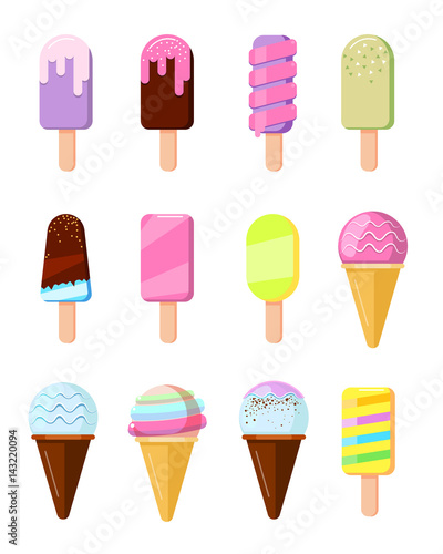 Cartoon ice cream in wafer cone set vector illustration
