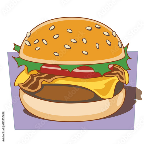 Hamburger with cheese, bacon, lettuce and tomato on a sesame seed bun  siting on a checkered table cloth.
