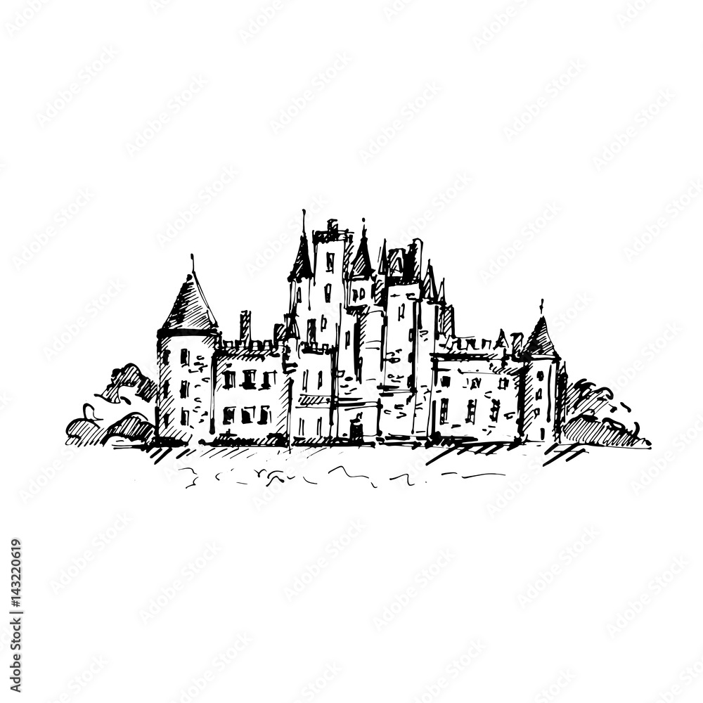 Hand drawn famous old Castle, Scotland. Vector illustration.