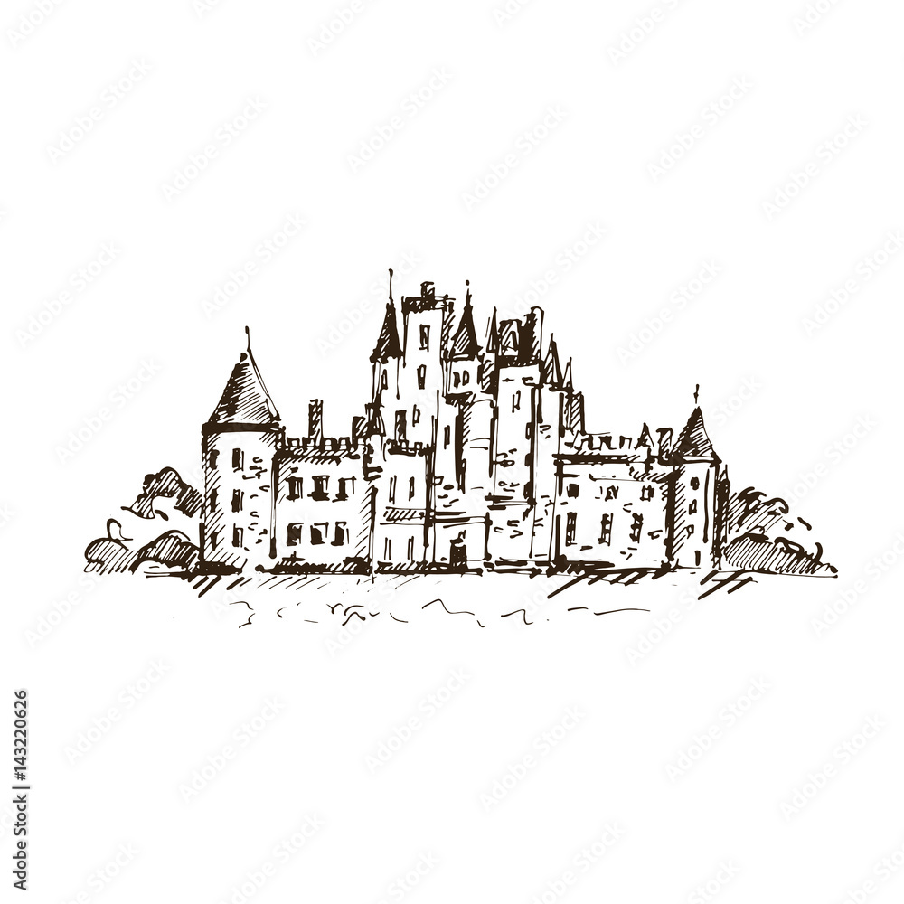 Obraz premium Hand drawn famous old Castle, Scotland. Vector illustration.
