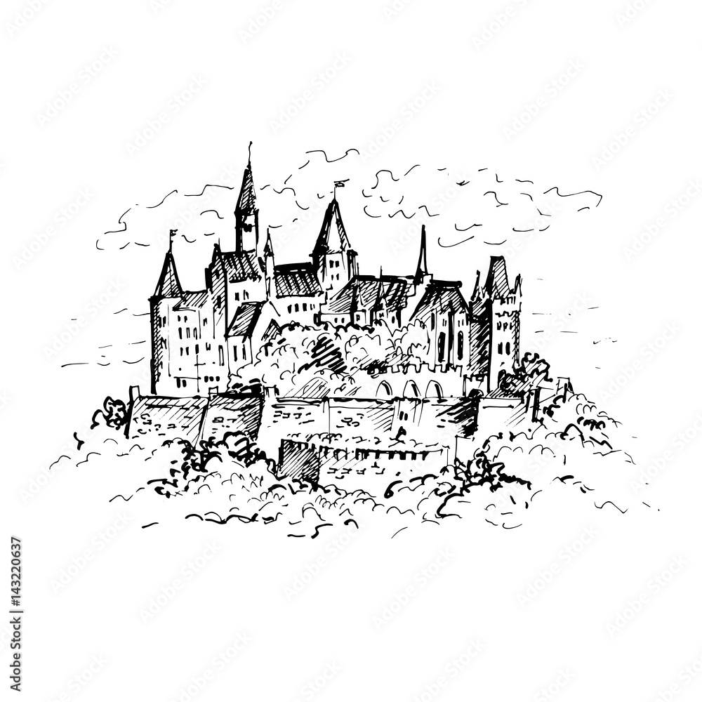 Hand drawn famous old Castle, Germany. Hohenzollern castle. Vector illustration.
