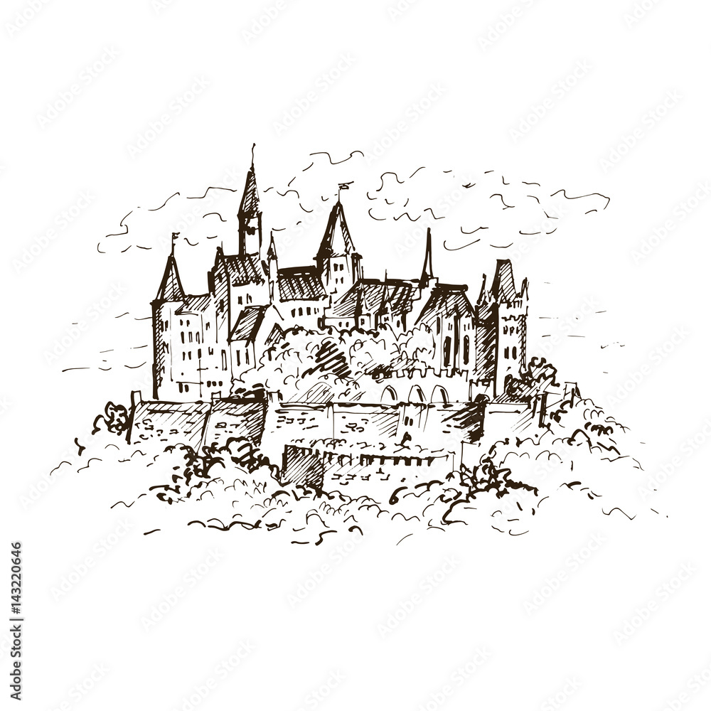 Hand drawn famous old Castle, Germany. Hohenzollern castle. Vector illustration.