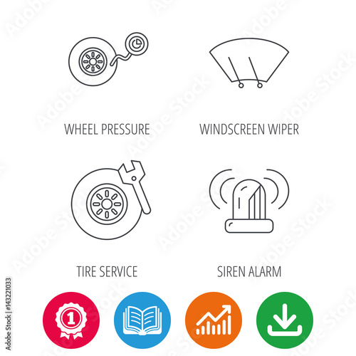 Wheel pressure, tire service and siren alarm icons. Car repair service station linear sign. Award medal, growth chart and opened book web icons. Download arrow. Vector