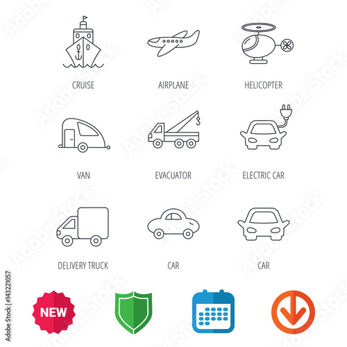 Transportation icons. Car, ship and truck linear signs. Airplane, helicopter and evacuator flat line icons. New tag, shield and calendar web icons. Download arrow. Vector