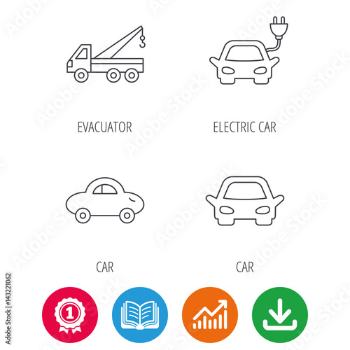 Electric car, evacuator and transport icons. Car linear signs. Award medal, growth chart and opened book web icons. Download arrow. Vector