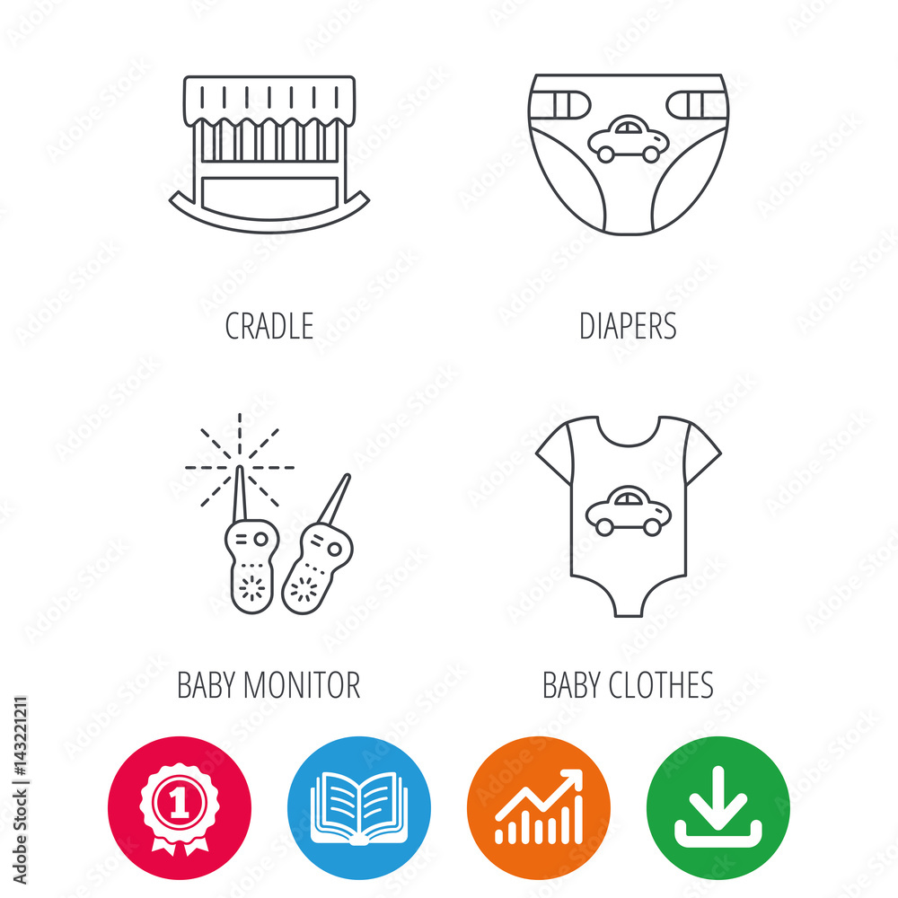 Newborn clothes, diapers and sleep cradle icons. Radio monitoring linear sign. Award medal, growth chart and opened book web icons. Download arrow. Vector Newborn clothes, diapers and sleep cradle icons. Radio monitoring linear sign. Award medal, growth chart and opened book web icons. Download arrow. Vector