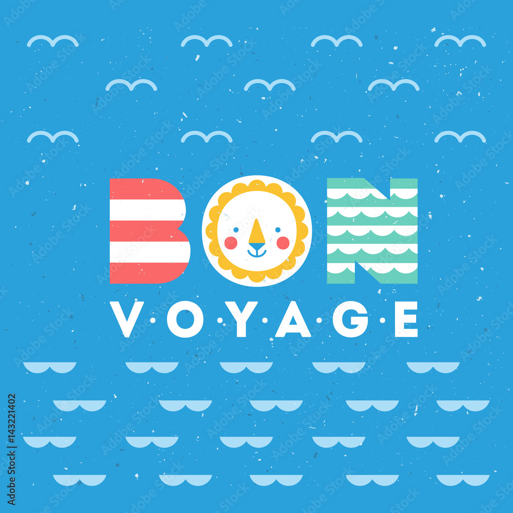 Cute sea theme illustration. Colorful bon voyage card. Vector
