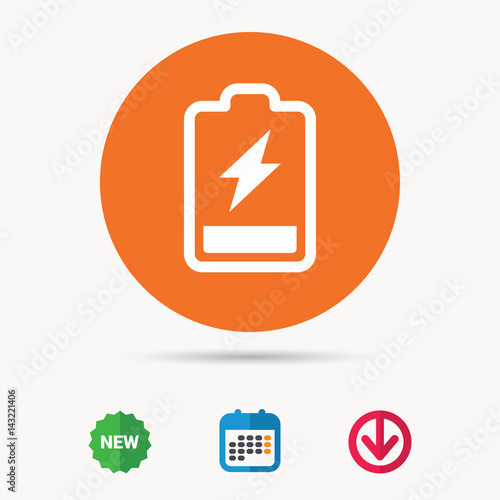 Battery power icon. Charging accumulator symbol. Calendar, download arrow and new tag signs. Colored flat web icons. Vector