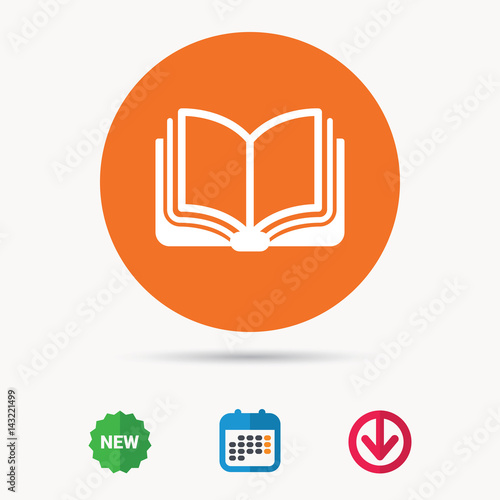 Book icon. Study literature sign. Education textbook symbol. Calendar, download arrow and new tag signs. Colored flat web icons. Vector