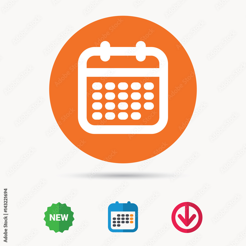 Calendar icon. Events reminder symbol. Calendar, download arrow and new tag signs. Colored flat web icons. Vector Calendar icon. Events reminder symbol. Calendar, download arrow and new tag signs. Colored flat web icons. Vector