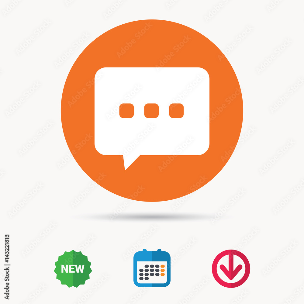 Chat icon. Speech bubble symbol. Calendar, download arrow and new tag signs. Colored flat web icons. Vector Chat icon. Speech bubble symbol. Calendar, download arrow and new tag signs. Colored flat web icons. Vector