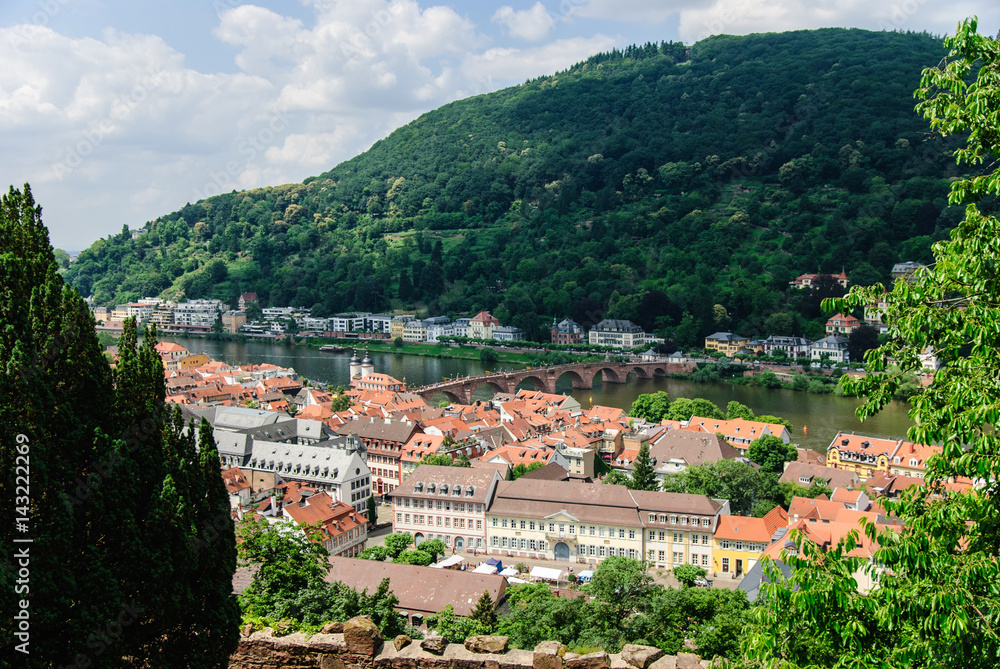 Scenic view of the old town of Heidelberg and the Old Bridge, Heidelberg, Germany