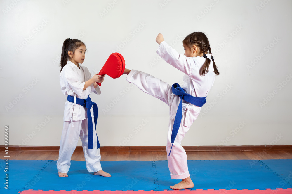 Two little girls demonstrate martial arts working together