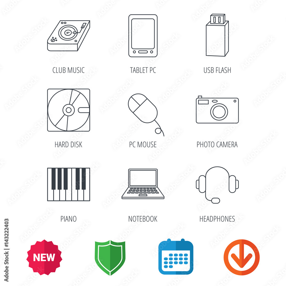 Tablets Computer Transfer Signs Tablet PC, USB flash and notebook laptop icons. Club music, hard disk ...