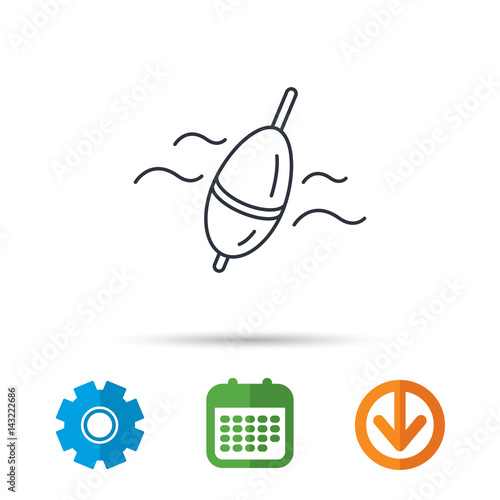 Fishing float icon. Bobber in waves sign. Angling symbol. Calendar, cogwheel and download arrow signs. Colored flat web icons. Vector