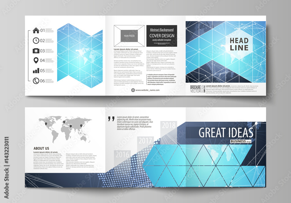The minimalistic vector illustration of the editable layout. Two modern creative covers design templates for square brochure or flyer. Abstract global design. Chemistry pattern, molecule structure.