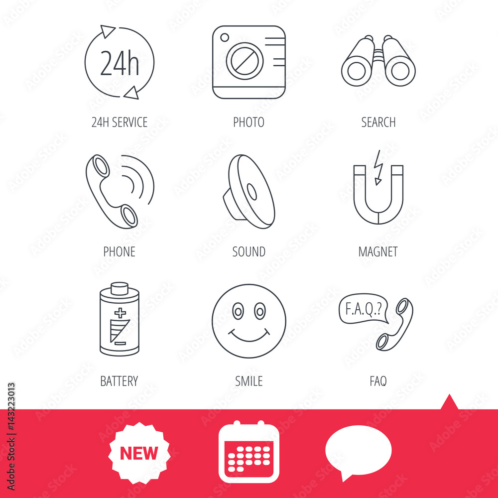 Phone call, battery and faq speech bubble icons. 24h service, photo camera and sound linear signs. Smile and search icons. New tag, speech bubble and calendar web icons. Vector