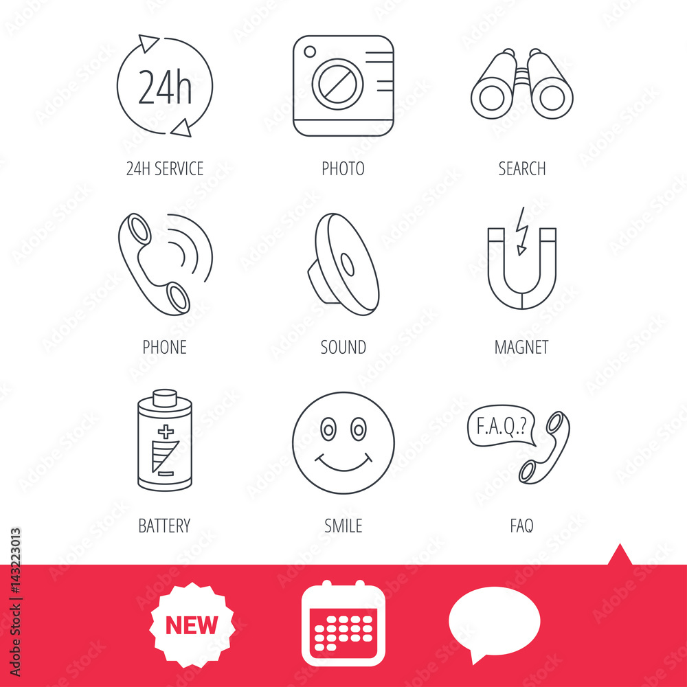 Phone call, battery and faq speech bubble icons. 24h service, photo camera and sound linear signs. Smile and search icons. New tag, speech bubble and calendar web icons. Vector Phone call, battery and faq speech bubble icons. 24h service, photo camera and sound linear signs. Smile and search icons. New tag, speech bubble and calendar web icons. Vector