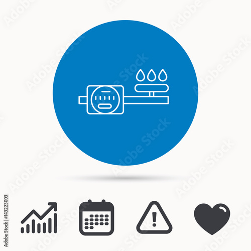 Gas counter icon. Pipe with fire sign. Calendar, attention sign and growth chart. Button with web icon. Vector