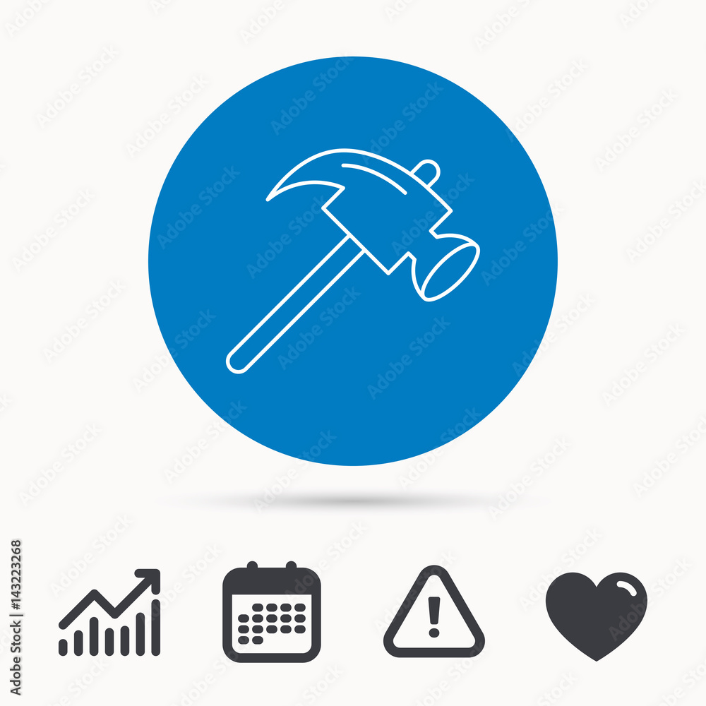 Hammer icon. Repair or fix sign. Construction equipment tool symbol. Calendar, attention sign and growth chart. Button with web icon. Vector Hammer icon. Repair or fix sign. Construction equipment tool symbol. Calendar, attention sign and growth chart. Button with web icon. Vector