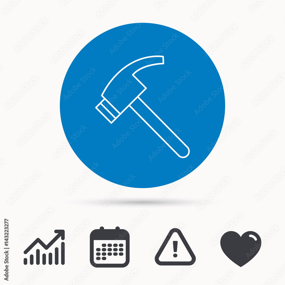 Hammer icon. Repair or fix tool sign. Calendar, attention sign and growth chart. Button with web icon. Vector Hammer icon. Repair or fix tool sign. Calendar, attention sign and growth chart. Button with web icon. Vector