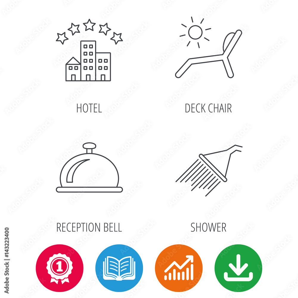 Fototapeta premium Hotel, shower and beach deck chair icons. Reception bell linear sign. Award medal, growth chart and opened book web icons. Download arrow. Vector